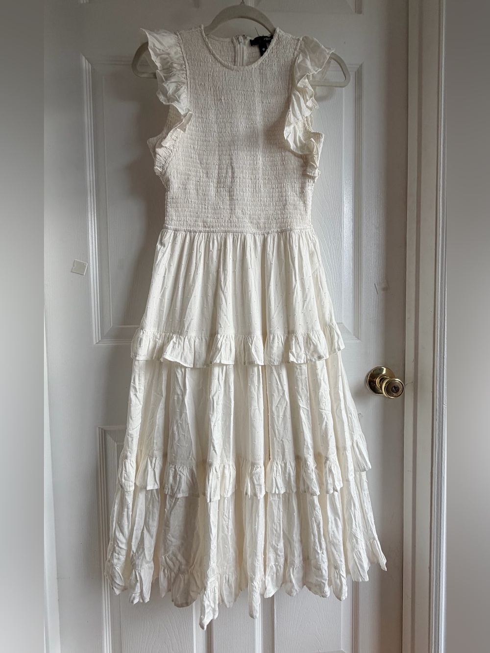 AQUA White Swiss Dot Smocked Tiered Ruffle Midi Dress Women’s Size S Boho - Picture 1 of 16